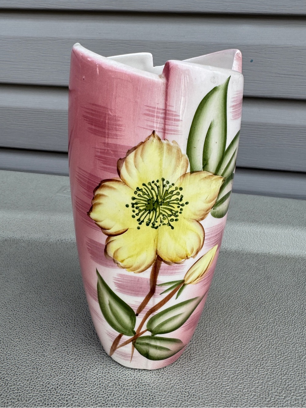 Pink Floral Ceramic Vase with Yellow Flower